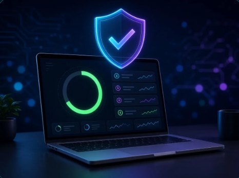 A laptop showing a DeviceCare health dashboard with a security shield and tick