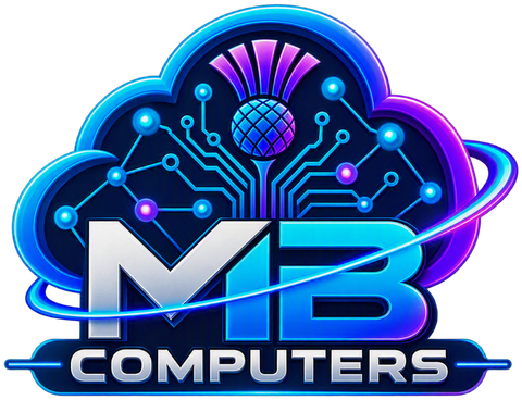 MB Computers logo: a neon thistle inside a cloud with circuit traces and an orbit ring